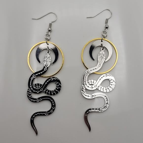 Celestial Serpent Moon Phase Snake Earrings - Picture 4 of 6